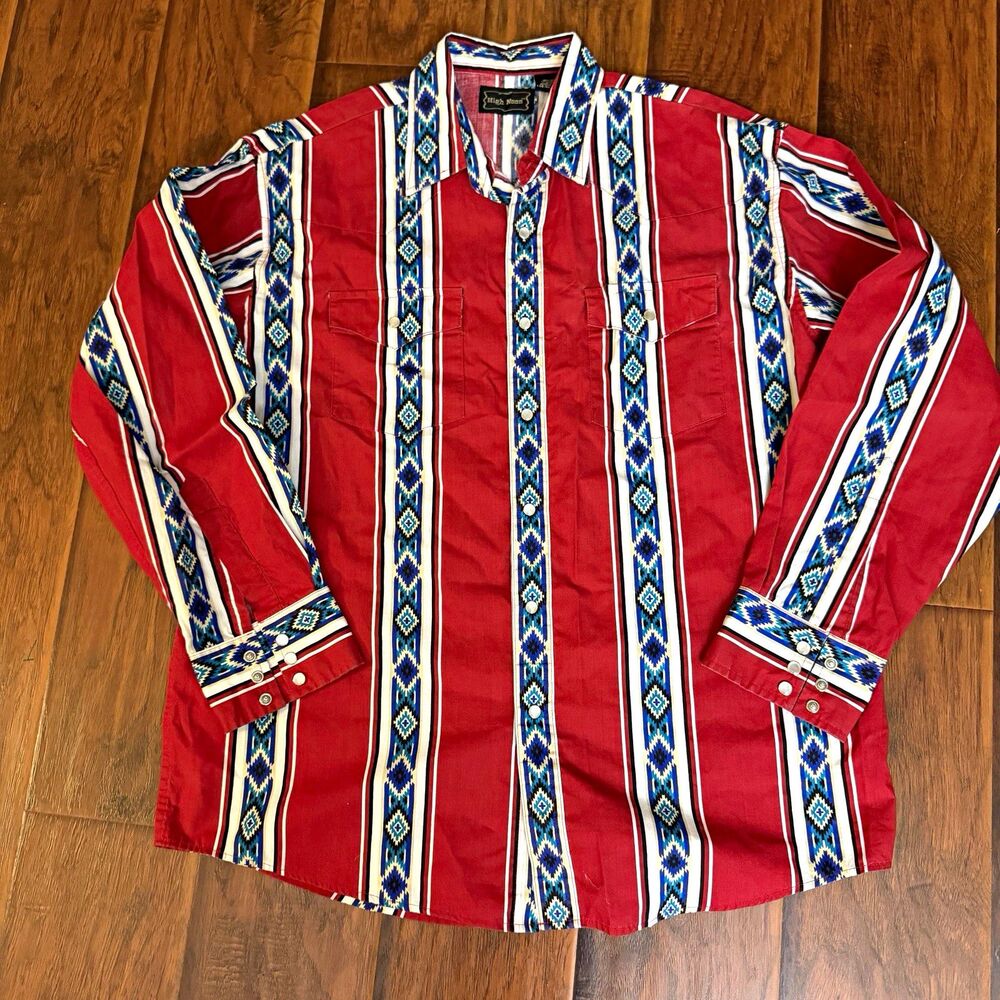 High Noon Shirt Mens L Red Aztec Western Striped Snap Button Long Sleeve Pockets